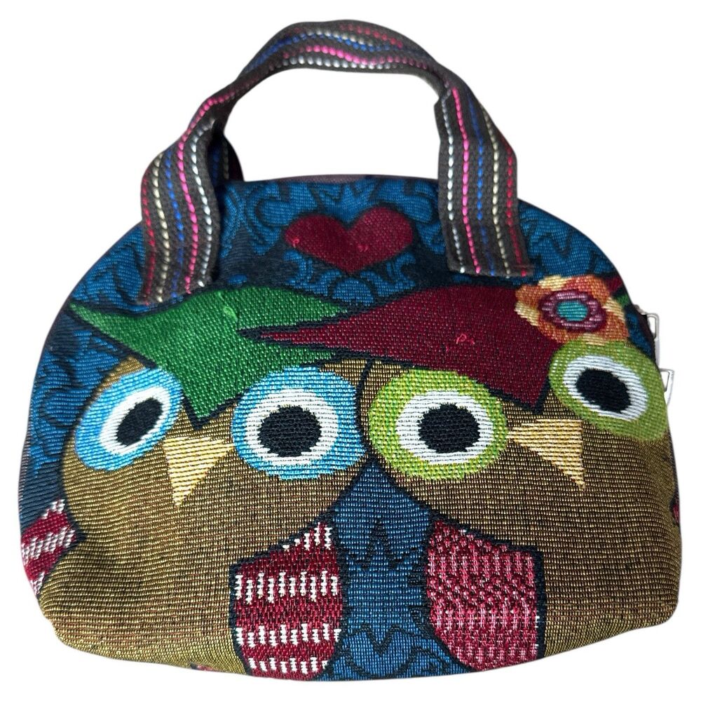 Love Owls Embroidered Tapestry Handbag Crossbody Double-Sided Zip Pockets 7x7